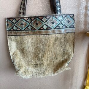 Leather & Haircalf Tote Bag with Turquoise Accents